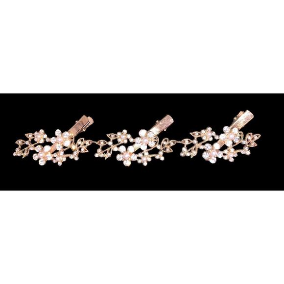 Wedding or Prom White Pearl and Rhinestone Floral Hair Clip VINTAGE - Picture 1 of 6